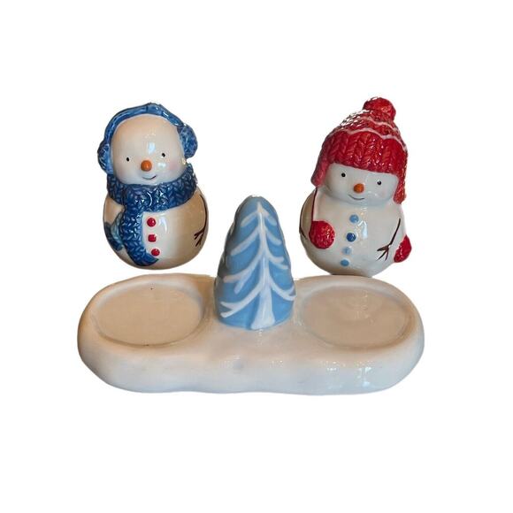 St Nicholas Square Let It Snow Snowman Salt & Pepper Shakers With Stand GUC 3 PC - Picture 3 of 9